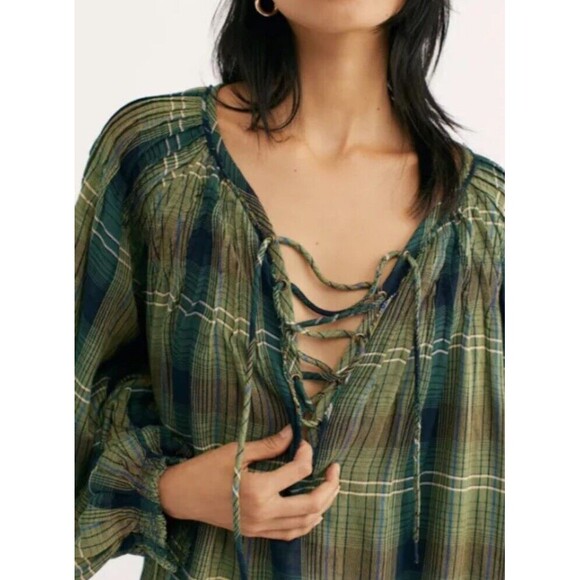 Free People We the Free Tops - Free People Plaid Tunic Top Oversize Raw Hem Pullover Green Cloudbreaker XS